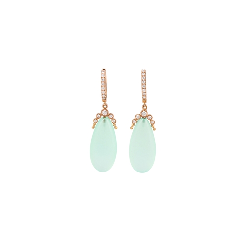 349 - A PAIR OF DIAMOND AND BLUE/ GREEN CHALCEDONY EARRINGS, the stone drop surmounted by diamond detail, ... 