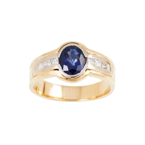 454 - A SAPPHIRE AND DIAMOND DRESS RING, the oval sapphire to channel set princess cut diamond shoulders, ... 