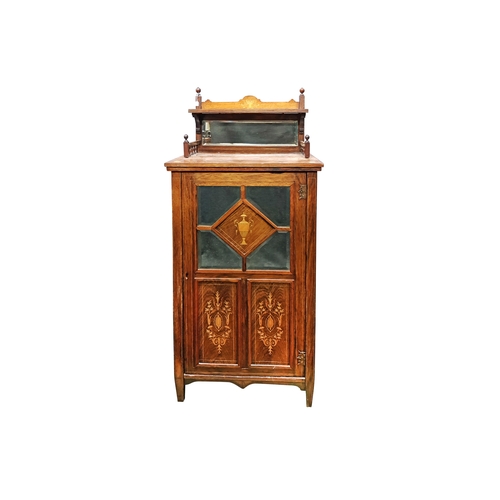 573 - AN EDWARDIAN INLAID ROSEWOOD TWO TIERED MIRROR BACK MUSIC CABINET, centre door fitted with mirrors a... 