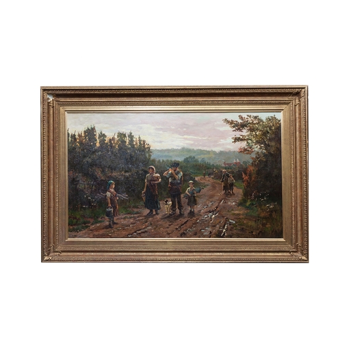 574 - BRITISH SCHOOL (Date Unknown), rural scene with figures walking down a lane way, oil on canvas, c. 5... 