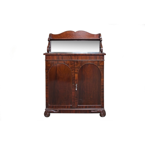 565 - A WILLIAM IV FLAME MAHOGANY CHIFFONIER, raised shelf with original mirror back, over a double door c... 