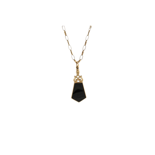 105 - A LAPIS LAZULI AND ONYX FOB, on a 9ct gold chain