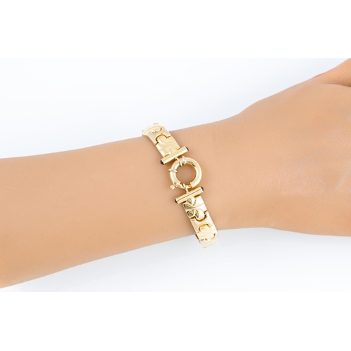 117 - AN 18CT GOLD FANCY LINK BRACELET, panel links 25 g.