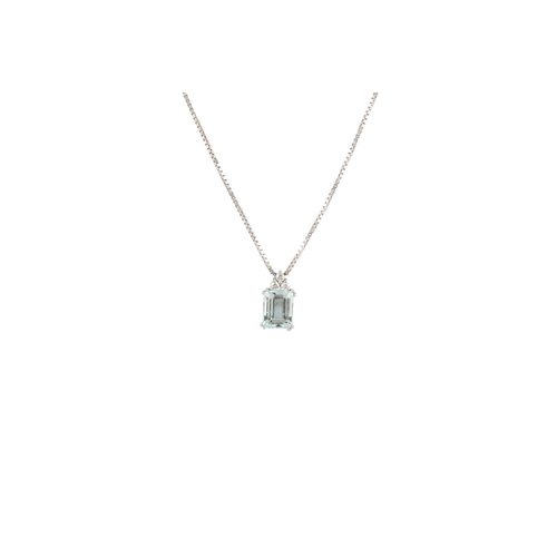 132 - AN AQUAMARINE AND DIAMOND PENDANT, the rectangular aqua surrounded by three brilliant cut diamonds m... 