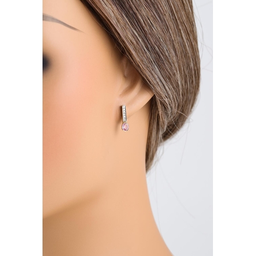 146 - A PAIR OF DIAMOND AND PINK SAPPHIRE DROP EARRINGS, mounted in gold