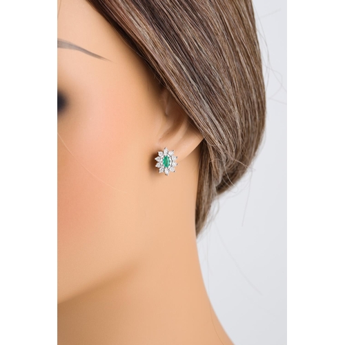 159 - A PAIR OF DIAMOND AND EMERALD CLUSTER EARRINGS, mounted in gold