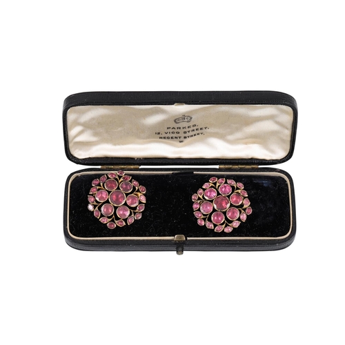 174 - A PAIR OF GEORGIAN ALMANDINE GARNET FLORAL BROOCHES, set with foiled back garnets and mounted in gol... 