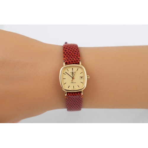 198 - A LADY'S LONGINES  QUARTZ WRIST WATCH, baton markers, date, red leather strap