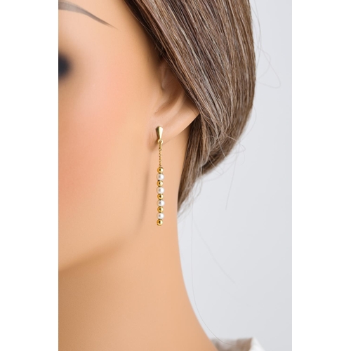 221 - A PAIR OF PEARL DROP EARRINGS, mounted in gold, beaded design