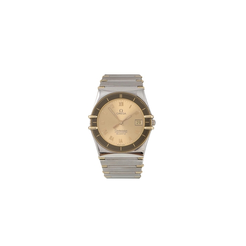 223 - AN 18CT GOLD AND STEEL OMEGA CONSTELLATION WRIST WATCH, bracelet strap, gilt dial, date