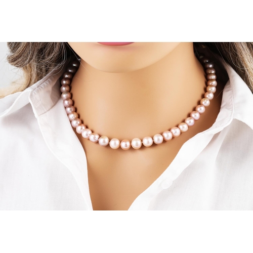 229 - A PINK CULTURED PEARL NECKLACE, with a pearl set silver clasp