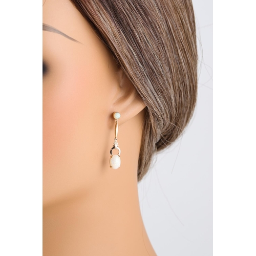 256 - A PAIR OF OPAL DROP EARRINGS, mounted in gold