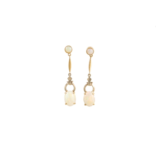 256 - A PAIR OF OPAL DROP EARRINGS, mounted in gold