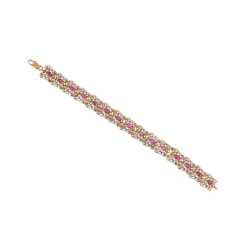 264 - A RUBY AND ROSE CUT DIAMOND BRACELET, each shaped 18ct gold link set with a pear shaped ruby and dia... 