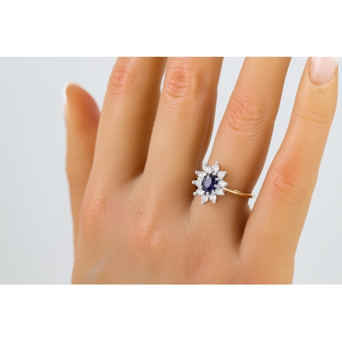 266 - A DIAMOND AND SAPPHIRE CLUSTER RING, of oval form, mounted in 9ct gold, size K - L