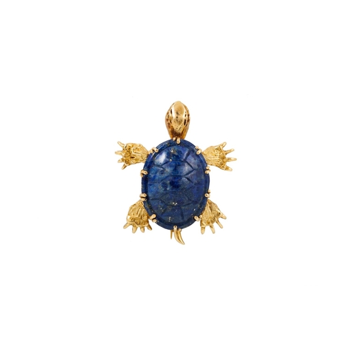 292 - A NOVELTY BROOCH, modelled as a turtle, the shell in Lapis Lazuli, the body in 18ct yellow gold