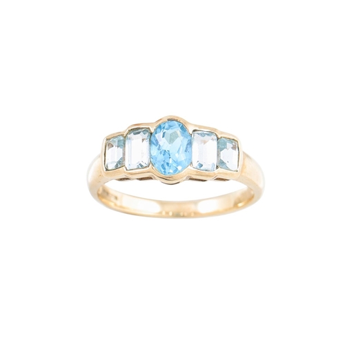 322 - AN AQUAMARINE AND TOPAZ DRESS RING, mounted in 9ct yellow gold, together with a pair of pear shaped ... 