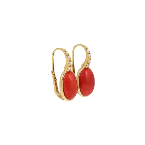 335 - A PAIR OF CORAL AND DIAMOND EARRINGS, the cabochon corals surmounted by diamond detail, mounted in 1... 