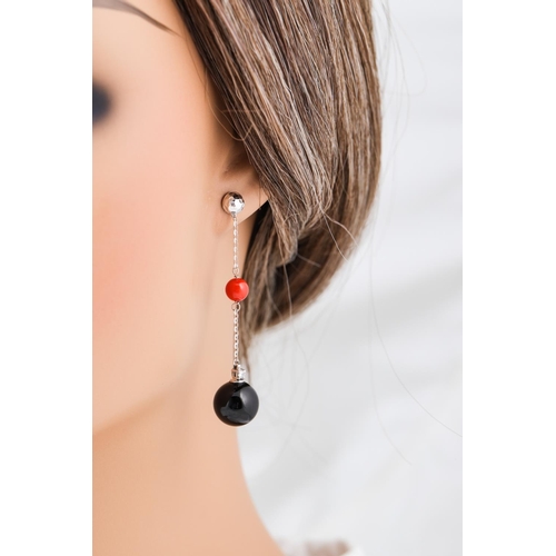 336 - A PAIR OF BEADED ONYX AND CORAL EARRINGS, 18ct white gold, each set with a diamond