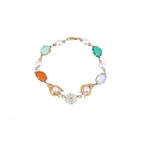 338 - A MULTI GEM SET BRACELET, set with pearls, emerald, moonstone etc. 18ct yellow gold set