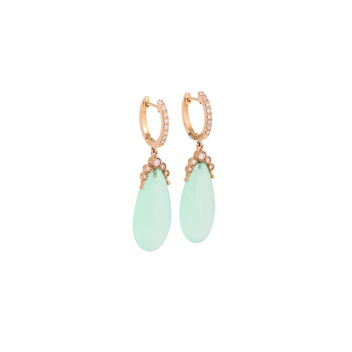 349 - A PAIR OF DIAMOND AND BLUE/ GREEN CHALCEDONY EARRINGS, the stone drop surmounted by diamond detail, ... 