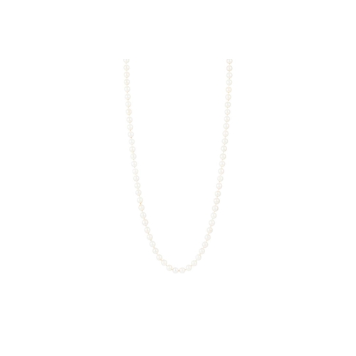 371 - A CULTURED PEARL NECKLACE, the cream toned uniform pearls to a diamond set bow clasp, 30''