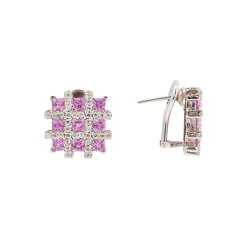 376 - A PAIR OF DIAMOND AND PINK SAPPHIRE EARRINGS, of lattice form, mounted in 18ct gold