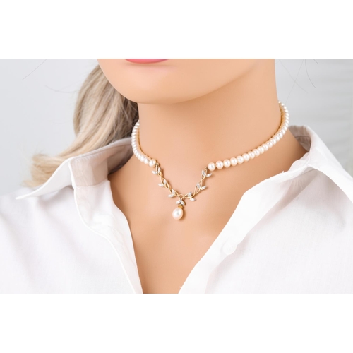 408 - A CULTURED PEARL NECKLACE, to a diamond and drop pearl centrepiece, 18ct gold mounts, together with ... 