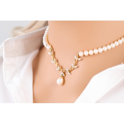 408 - A CULTURED PEARL NECKLACE, to a diamond and drop pearl centrepiece, 18ct gold mounts, together with ... 