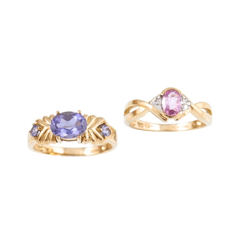 414 - TWO GEM SET DRESS RINGS, mounted in 9ct yellow gold