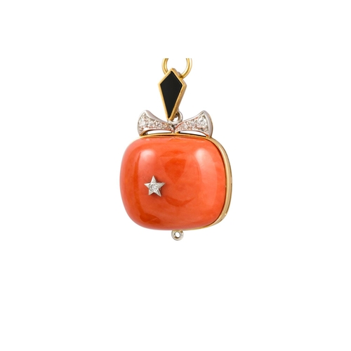 451 - A DIAMOND AND CORAL PENDANT, the cabochon coral with diamond and onyx detail, mounted in gold, on go... 