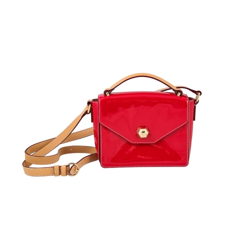 515 - A FRANCES VALENTINE CROSS BODY BAG, soft mini 'Midge' bag, patent red colour with light brown strap ... 