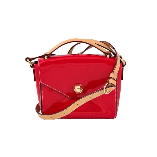 515 - A FRANCES VALENTINE CROSS BODY BAG, soft mini 'Midge' bag, patent red colour with light brown strap ... 