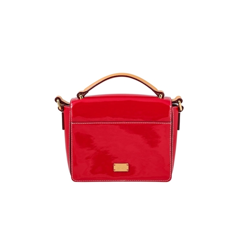 515 - A FRANCES VALENTINE CROSS BODY BAG, soft mini 'Midge' bag, patent red colour with light brown strap ... 