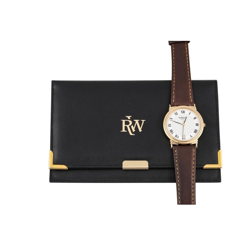 9 - A GILT RAYMOND WEIL WRIST WATCH, leather strap with wallet