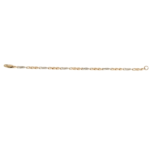 10 - A 9CT GOLD TWO COLOUR GOLD FLAT CURB LINK BRACELET, 17 g.