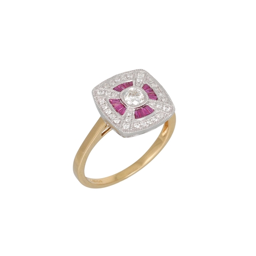 108 - A DIAMOND AND RUBY CLUSTER RING, of square plaque form, mounted in 18ct yellow gold, size N – O