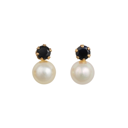 110 - A PAIR OF SAPPHIRE AND PEARL EARRINGS, set with circular sapphires and cream toned pearls, mounted i... 