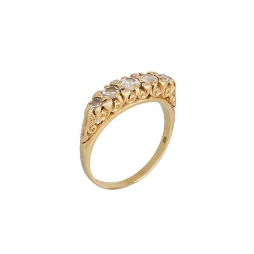 130 - AN ANTIQUE FIVE STONE DIAMOND RING, the old cut diamonds mounted in 18ct yellow gold. Estimated: wei... 