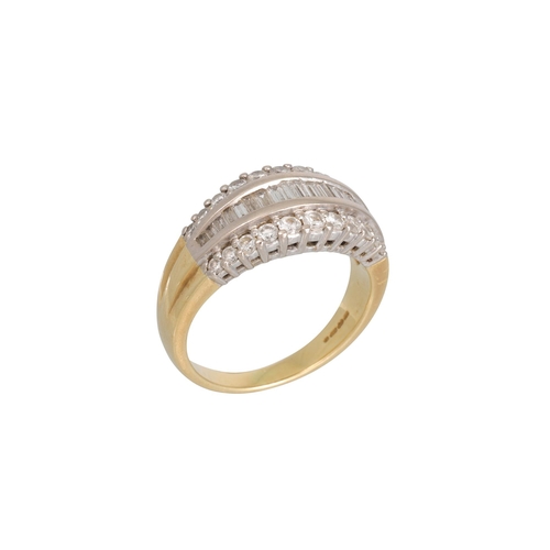 134 - A DIAMOND TRIPLE ROW DRESS RING, the inner graduated baguette cut diamonds flanked by round brillian... 