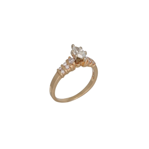 140 - A MARQUISE CUT DIAMOND SOLITAIRE RING, to diamond set shoulders mounted in 14ct yellow gold. Estimat... 