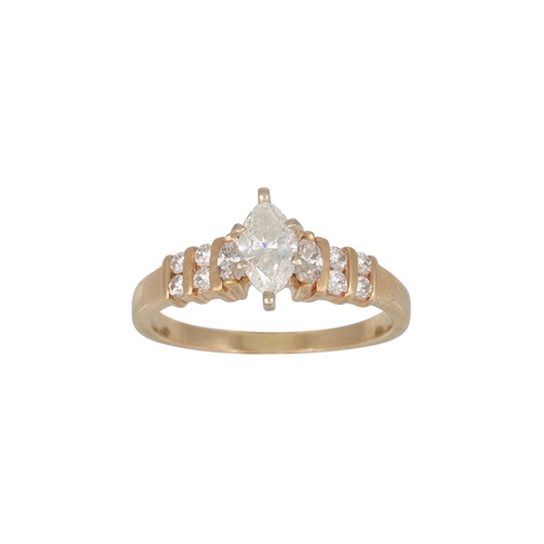 140 - A MARQUISE CUT DIAMOND SOLITAIRE RING, to diamond set shoulders mounted in 14ct yellow gold. Estimat... 