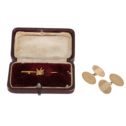 141 - A PAIR OF 9CT GOLD VINTAGE CUFF LINKS, with Dublin assay marks, together with an antique yellow meta... 