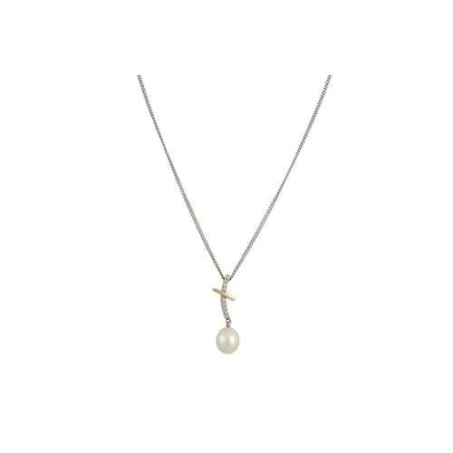 15 - A CULTURED PEARL AND DIAMOND DROP PENDANT, in 18ct white gold, on a white gold chain, 16