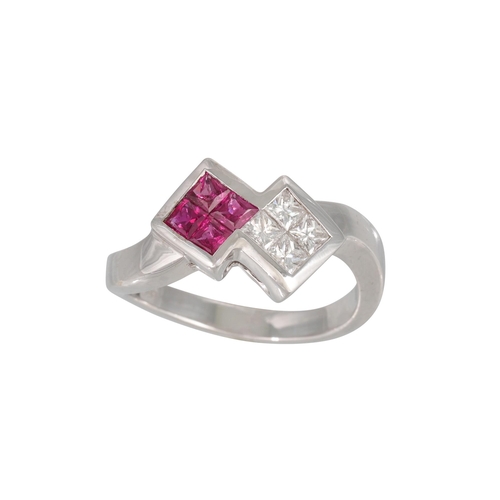 155 - A RUBY AND DIAMOND CLUSTER RING, two square panels, mounted in 18ct white gold. Estimated: weight of... 