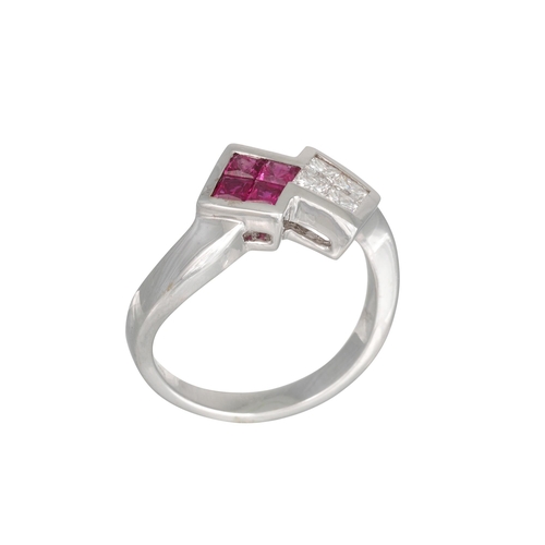 155 - A RUBY AND DIAMOND CLUSTER RING, two square panels, mounted in 18ct white gold. Estimated: weight of... 