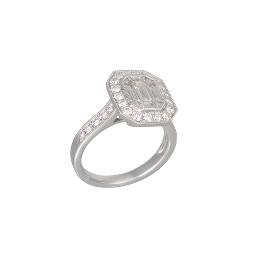 157 - A DIAMOND CLUSTER RING, the baguette and brilliant cut diamonds, to diamond shoulders, mounted in 18... 