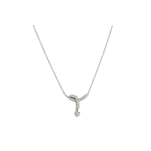 16 - A DIAMOND DROP PENDANT, suspended from an 18ct white gold curved bar, on an 18ct white gold chain, 1... 