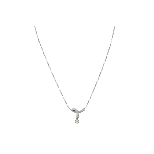 16 - A DIAMOND DROP PENDANT, suspended from an 18ct white gold curved bar, on an 18ct white gold chain, 1... 