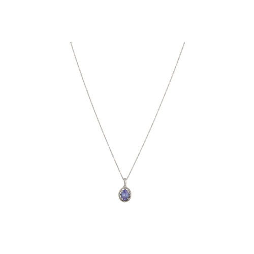 17 - A TANZANITE AND DIAMOND CLUSTER PENDANT, in 9ct white gold, on an 18